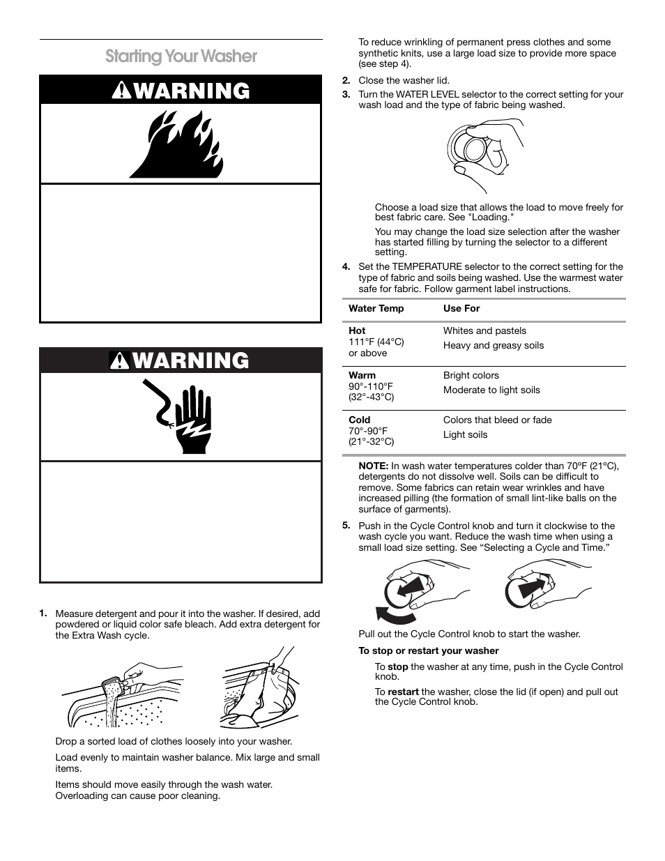 Starting your washer, Warning | Whirlpool Combination WASHER / DRYER User Manual | Page 7 / 16