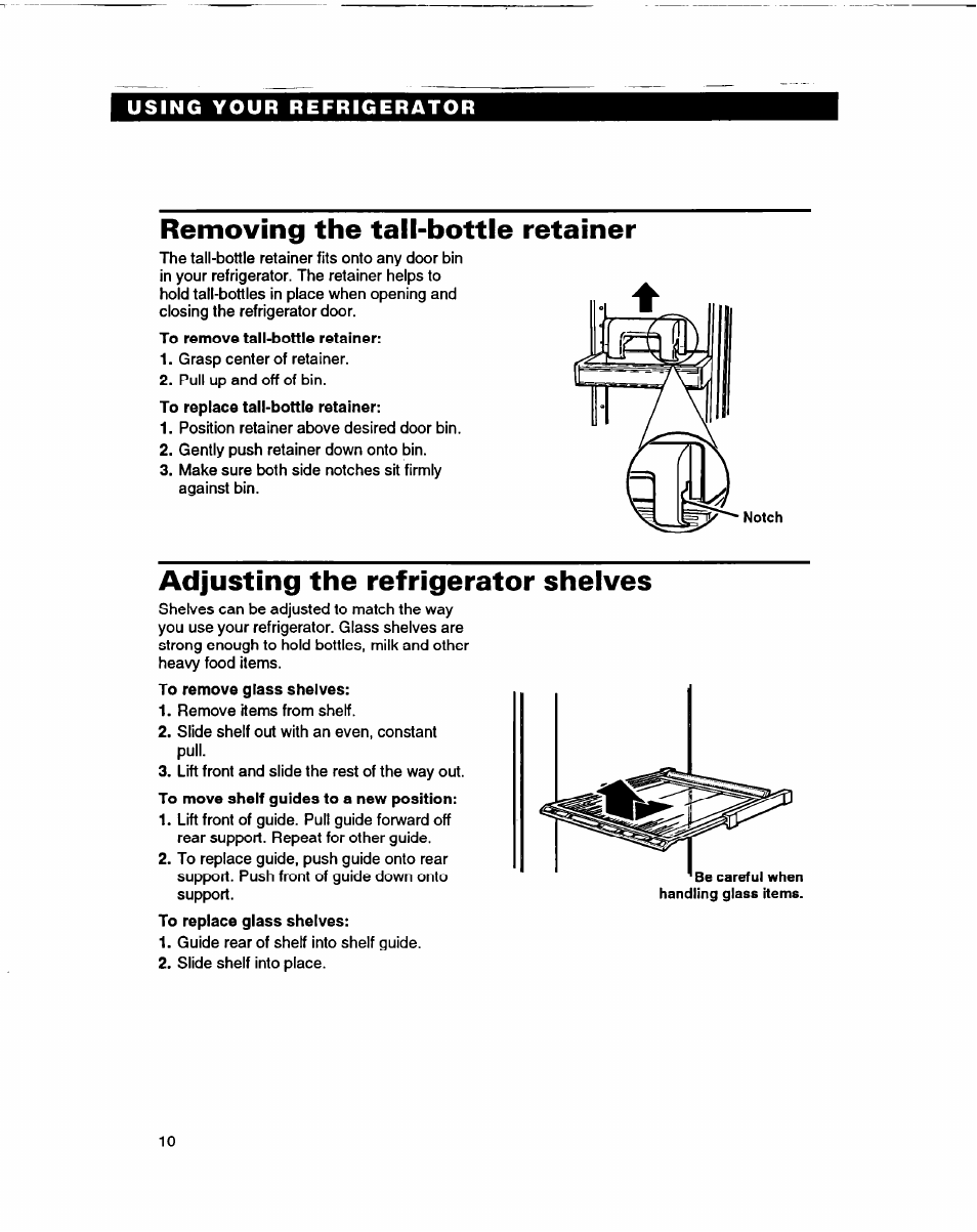 Removing the tail-bottle retainer, Adjusting the refrigerator shelves | Whirlpool ED22DF User Manual | Page 10 / 28