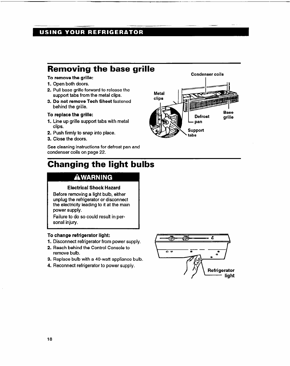 Removing the base grille, Changing the light bulbs, Warning | Whirlpool ED22DF User Manual | Page 18 / 28