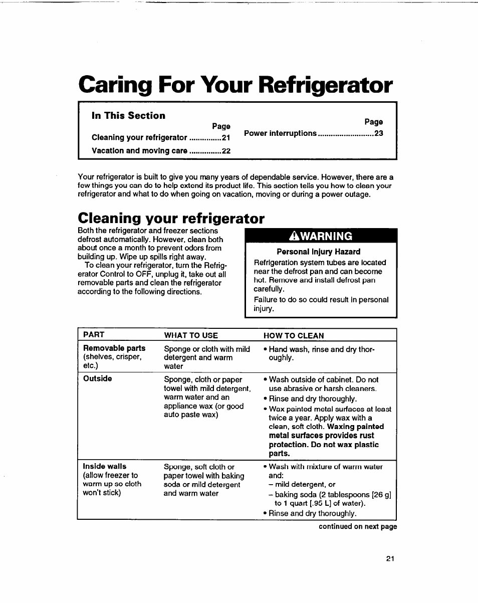 Caring for your refrigerator, Cleaning your refrigerator, I^warning | Whirlpool ED22DF User Manual | Page 21 / 28