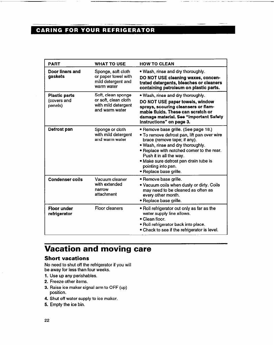 Vacation and moving care, Short vacations | Whirlpool ED22DF User Manual | Page 22 / 28