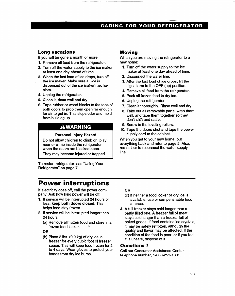 Long vacations, Moving, Power interruptions | Questions 7, Warning | Whirlpool ED22DF User Manual | Page 23 / 28