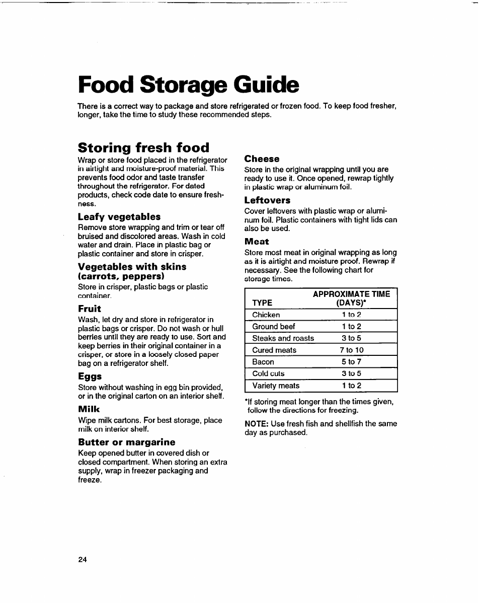 Food storage guide, Storing fresh food, Leafy vegetables | Vegetables with skins (carrots, peppers), Fruit, Eggs, Milk, Butter or margarine, Cheese, Leftovers | Whirlpool ED22DF User Manual | Page 24 / 28
