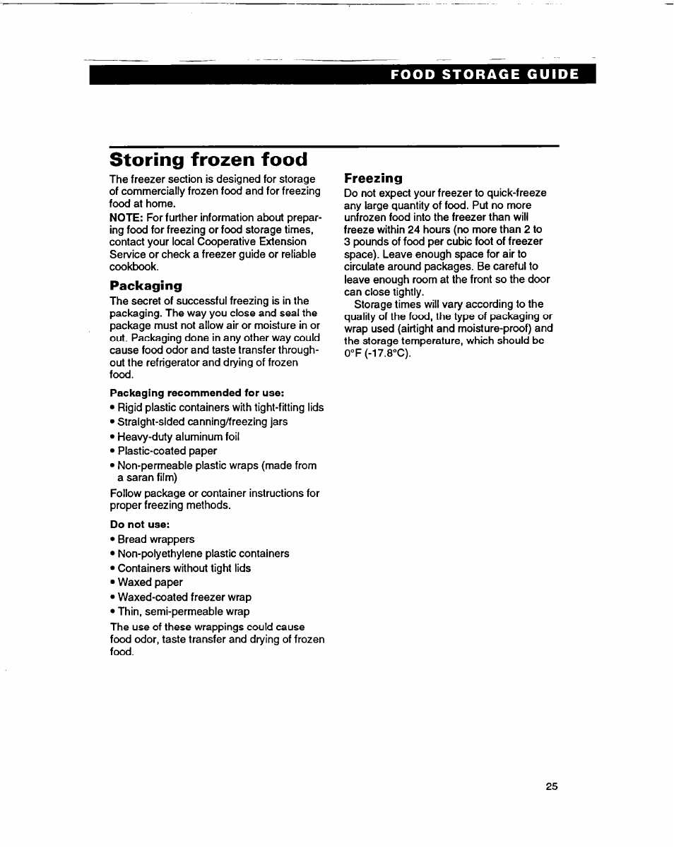 Food storage guide, Storing frozen food, Packaging | Freezing | Whirlpool ED22DF User Manual | Page 25 / 28