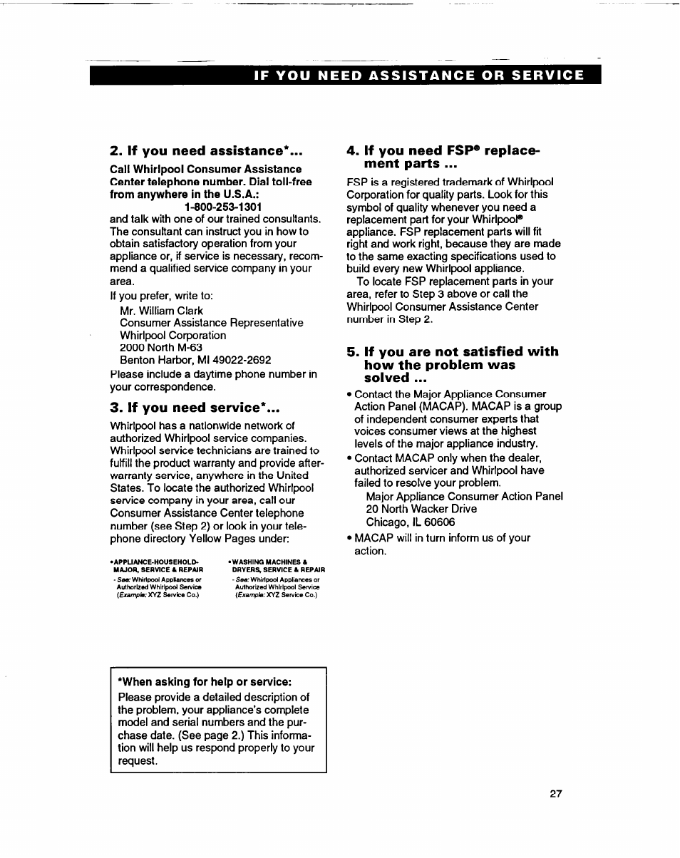 If you need assistance or service, If you need assistance, If you need service | If you need fsp* replacement parts, If you need fsp* replace­ ment parts | Whirlpool ED22DF User Manual | Page 27 / 28