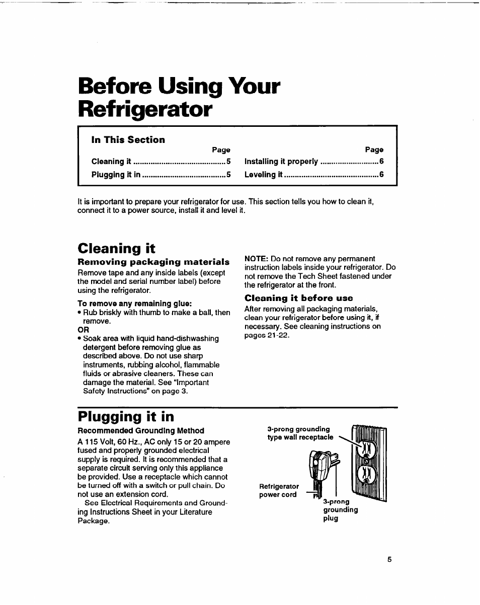 Before using your refrigerator, Cleaning it, Removing packaging materials | Cleaning it before use, Plugging it in | Whirlpool ED22DF User Manual | Page 5 / 28