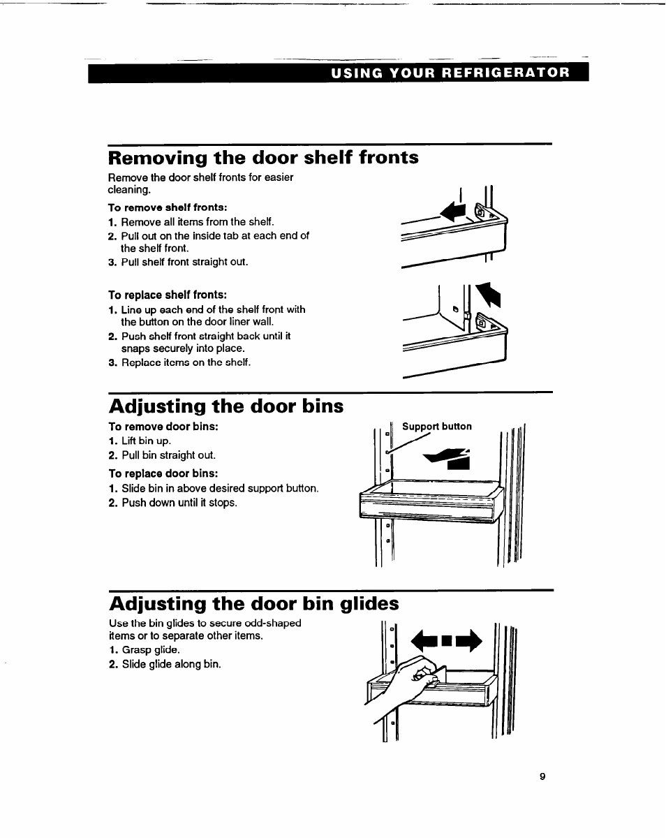 Removing the door shelf fronts, Adjusting the door bins, Adjusting the door bin glides | Whirlpool ED22DF User Manual | Page 9 / 28