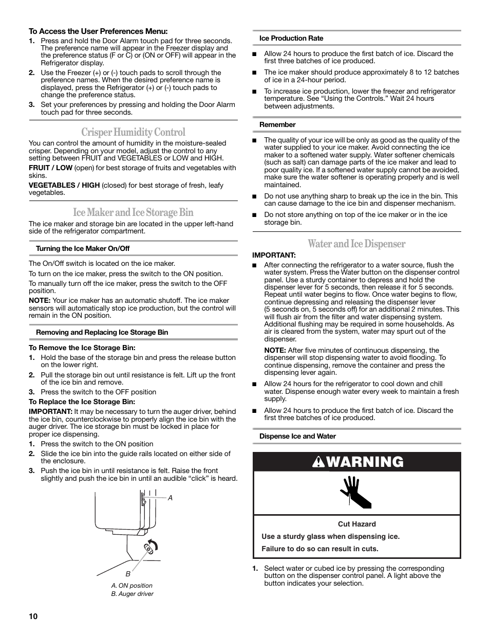 Warning, Crisper humidity control, Ice maker and ice storage bin | Water and ice dispenser | Whirlpool 12828188A User Manual | Page 10 / 51