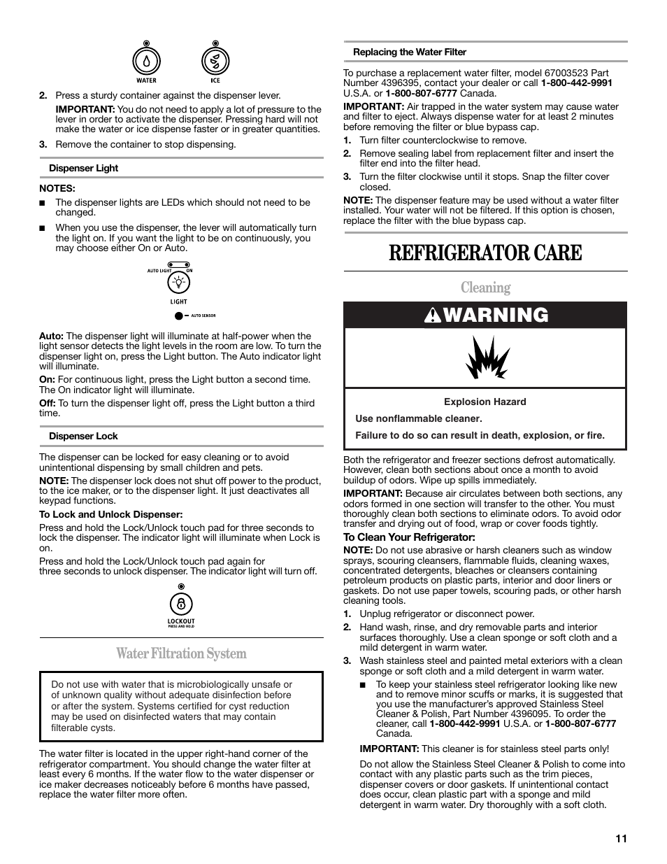 Refrigerator care, Warning, Water filtration system | Cleaning | Whirlpool 12828188A User Manual | Page 11 / 51