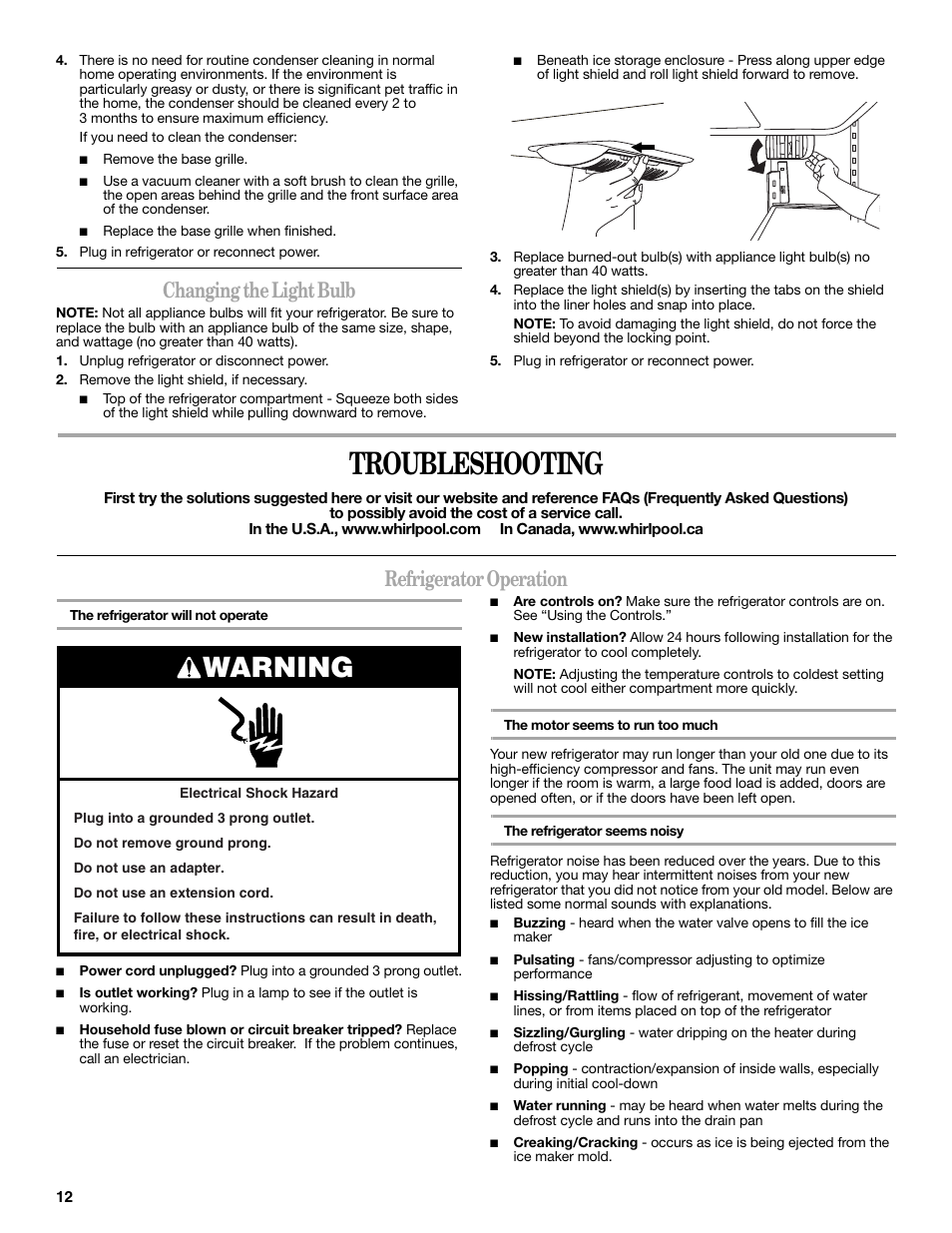 Troubleshooting, Warning, Changing the light bulb | Refrigerator operation | Whirlpool 12828188A User Manual | Page 12 / 51
