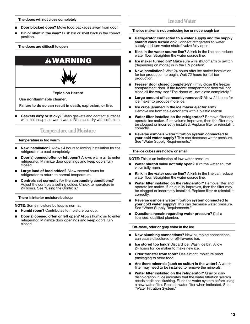 Warning, Temperature and moisture, Ice and water | Whirlpool 12828188A User Manual | Page 13 / 51