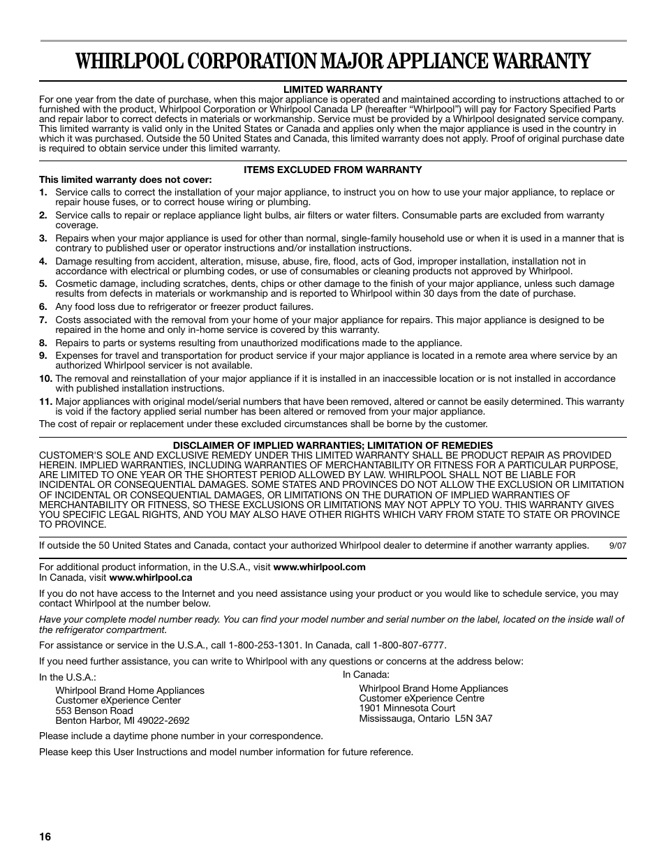 Whirlpool corporation major appliance warranty | Whirlpool 12828188A User Manual | Page 16 / 51