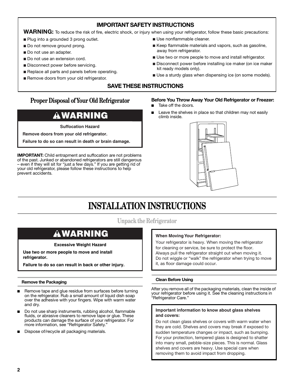 Installation instructions, Warning, Proper disposal of your old refrigerator | Unpack the refrigerator, Important safety instructions warning, Save these instructions | Whirlpool 12828188A User Manual | Page 2 / 51