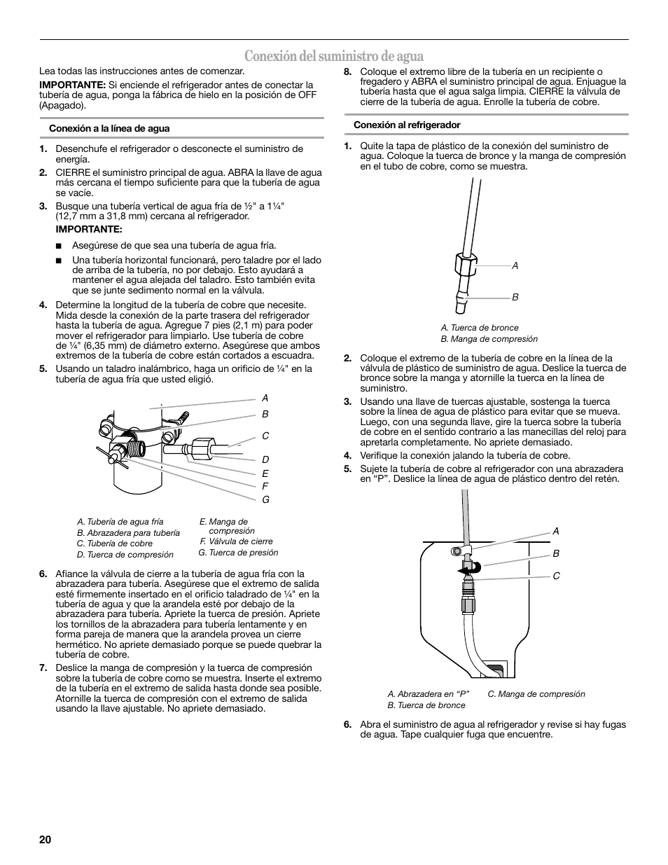 Conexión del suministro de agua | Whirlpool 12828188A User Manual | Page 20 / 51
