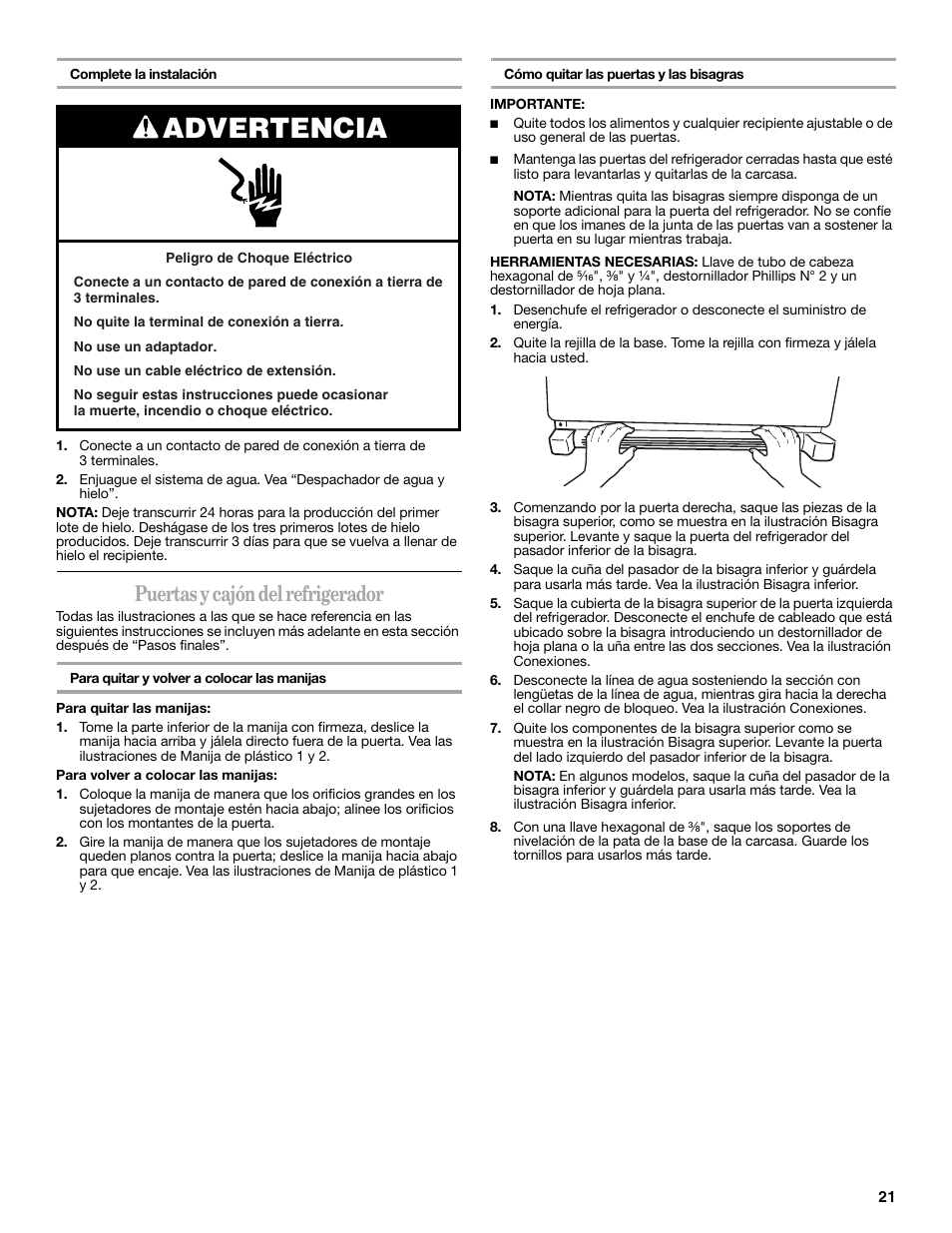 Advertencia, Puertas y cajón del refrigerador | Whirlpool 12828188A User Manual | Page 21 / 51
