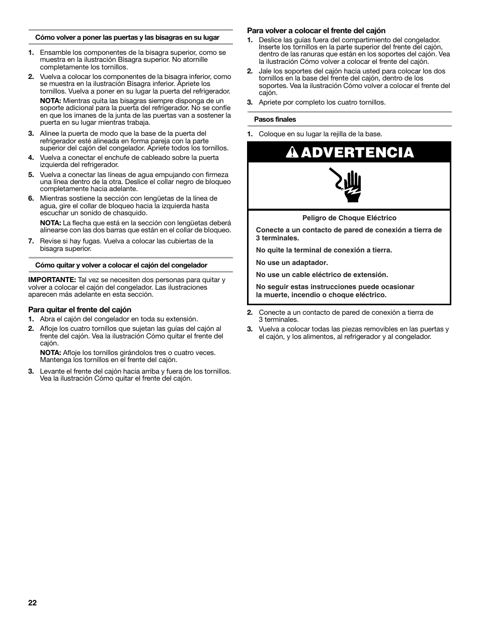 Advertencia | Whirlpool 12828188A User Manual | Page 22 / 51