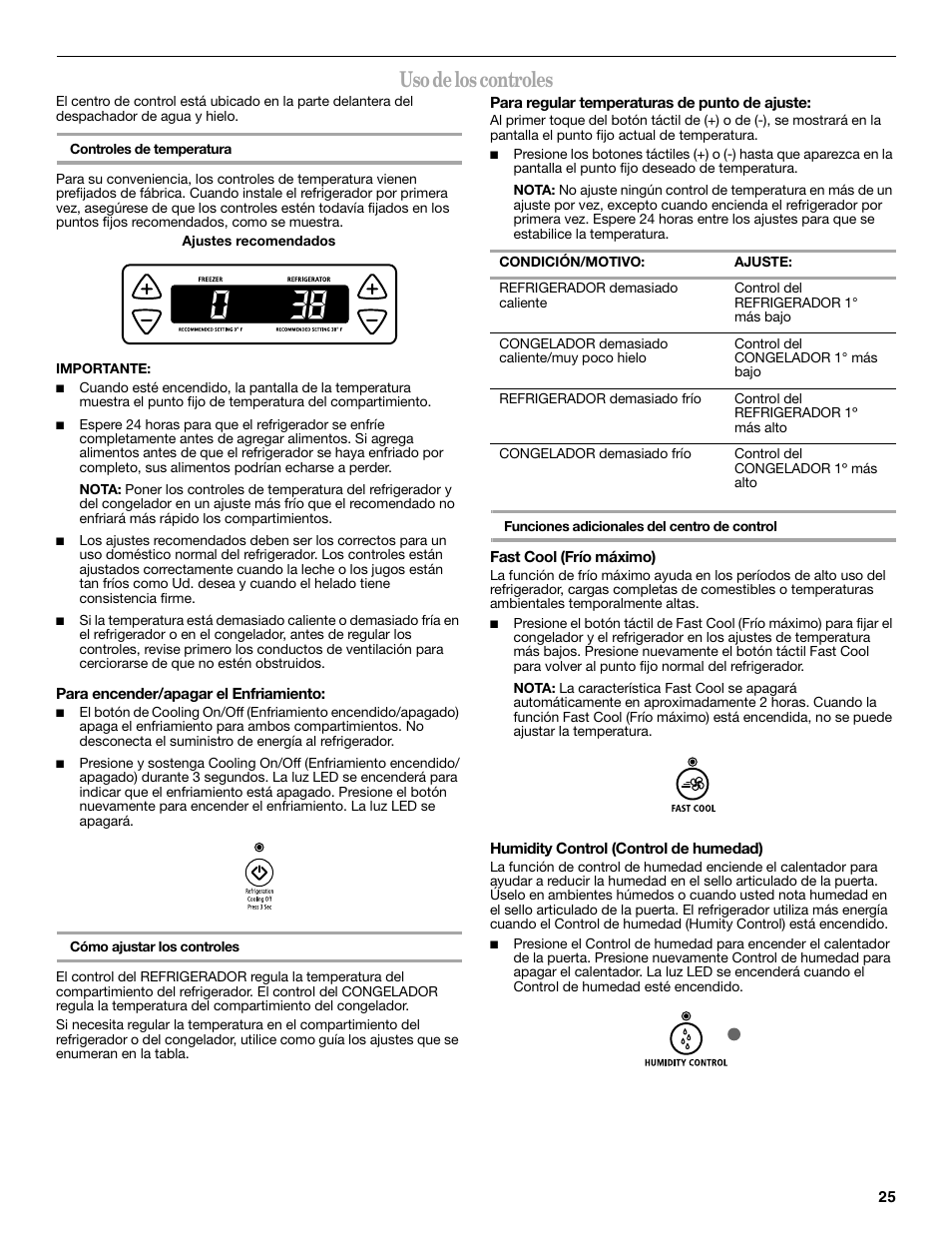 Uso de los controles | Whirlpool 12828188A User Manual | Page 25 / 51