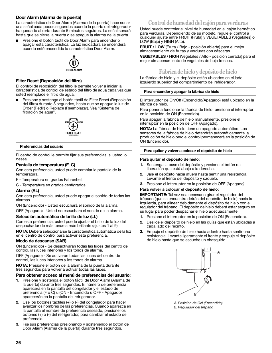 Control de humedad del cajón para verduras, Fábrica de hielo y depósito de hielo | Whirlpool 12828188A User Manual | Page 26 / 51
