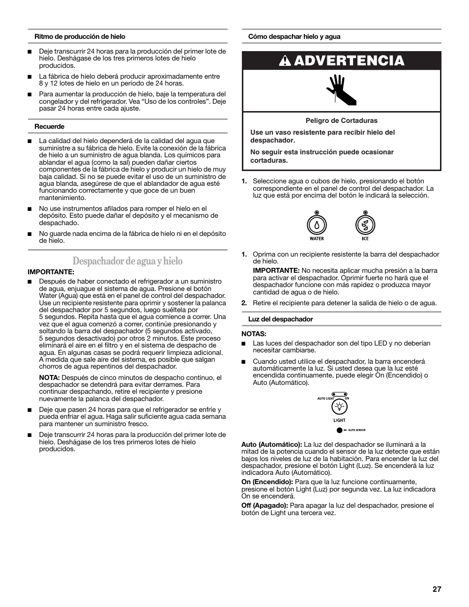 Advertencia, Despachador de agua y hielo | Whirlpool 12828188A User Manual | Page 27 / 51
