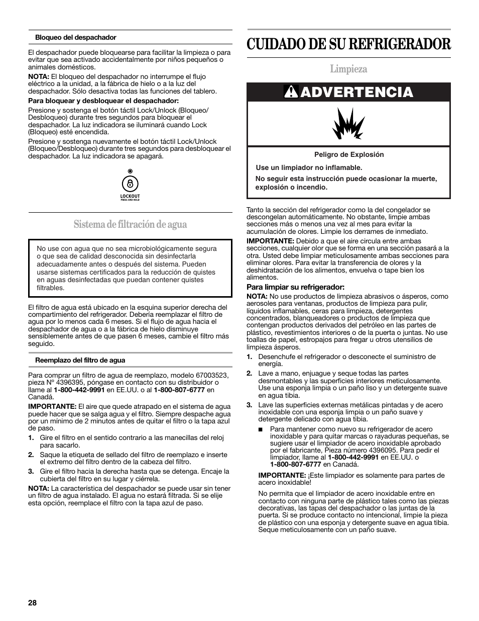 Cuidado de su refrigerador, Advertencia, Sistema de filtración de agua | Limpieza | Whirlpool 12828188A User Manual | Page 28 / 51
