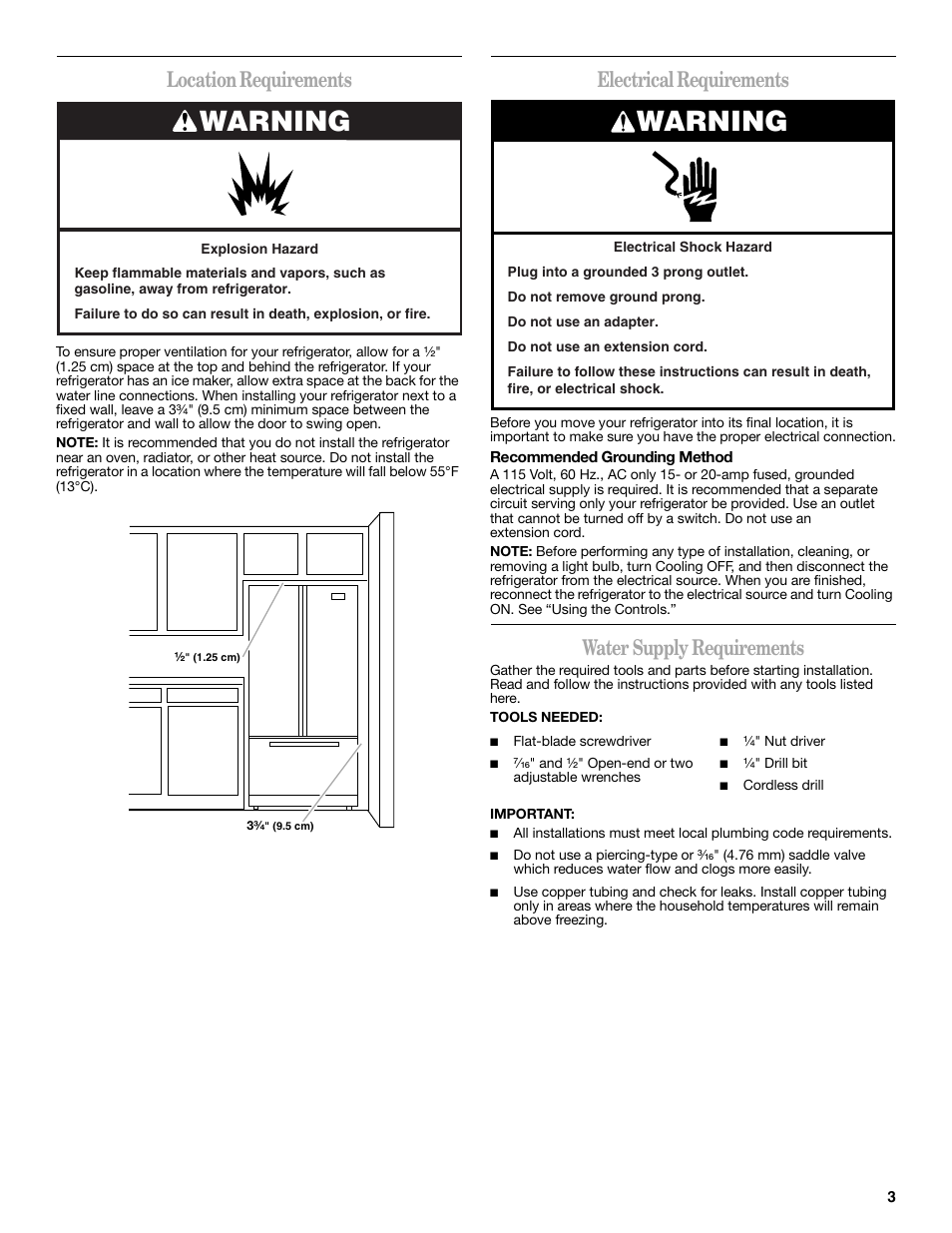 Warning, Location requirements, Electrical requirements | Water supply requirements | Whirlpool 12828188A User Manual | Page 3 / 51