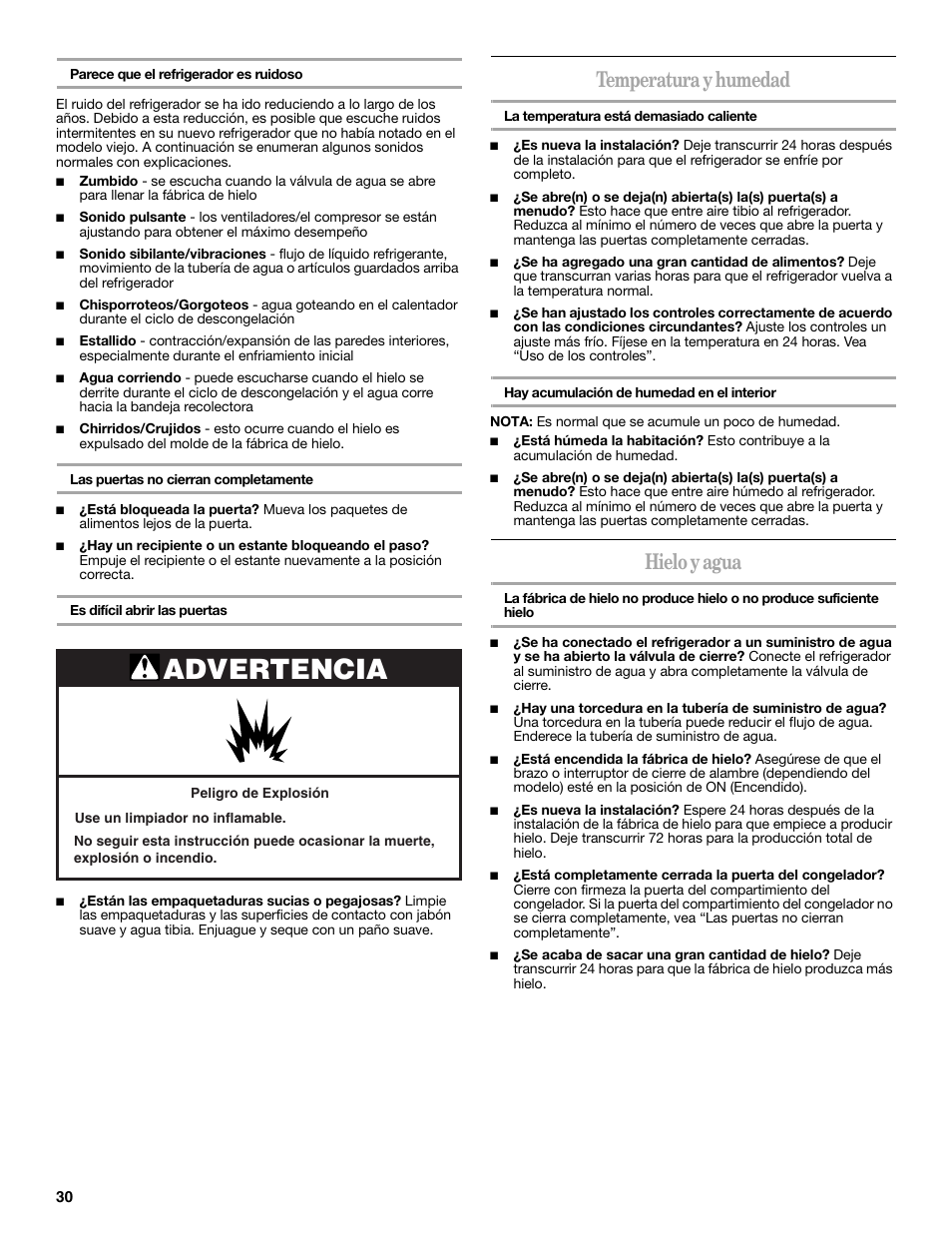 Advertencia, Temperatura y humedad, Hielo y agua | Whirlpool 12828188A User Manual | Page 30 / 51