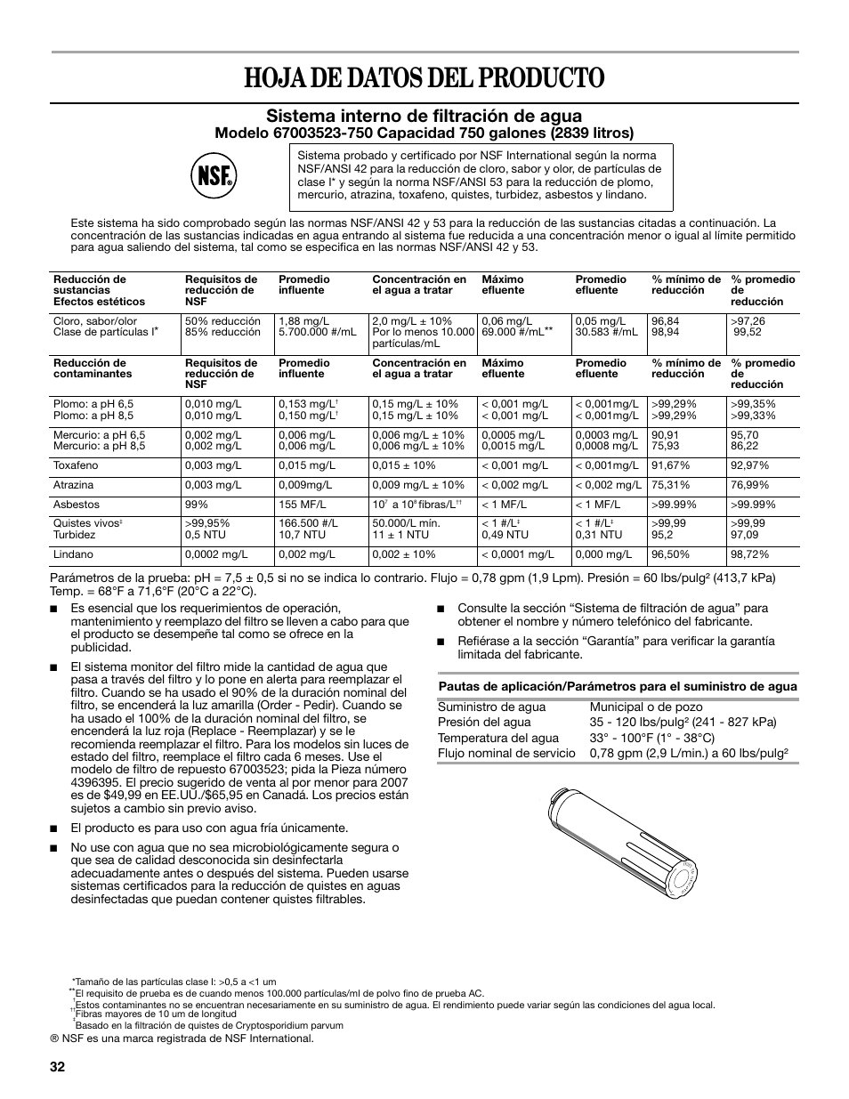 Hoja de datos del producto, Sistema interno de filtración de agua | Whirlpool 12828188A User Manual | Page 32 / 51