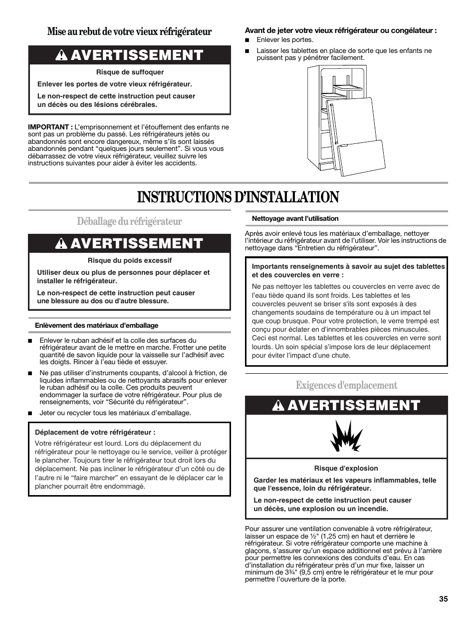 Instructions d’installation, Avertissement, Mise au rebut de votre vieux réfrigérateur | Déballage du réfrigérateur, Exigences d'emplacement | Whirlpool 12828188A User Manual | Page 35 / 51