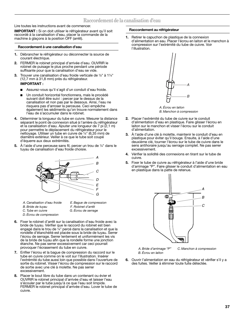 Raccordement de la canalisation d'eau | Whirlpool 12828188A User Manual | Page 37 / 51