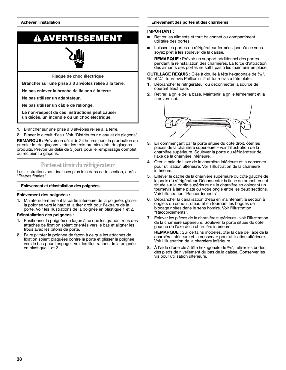 Avertissement, Portes et tiroir du réfrigérateur | Whirlpool 12828188A User Manual | Page 38 / 51