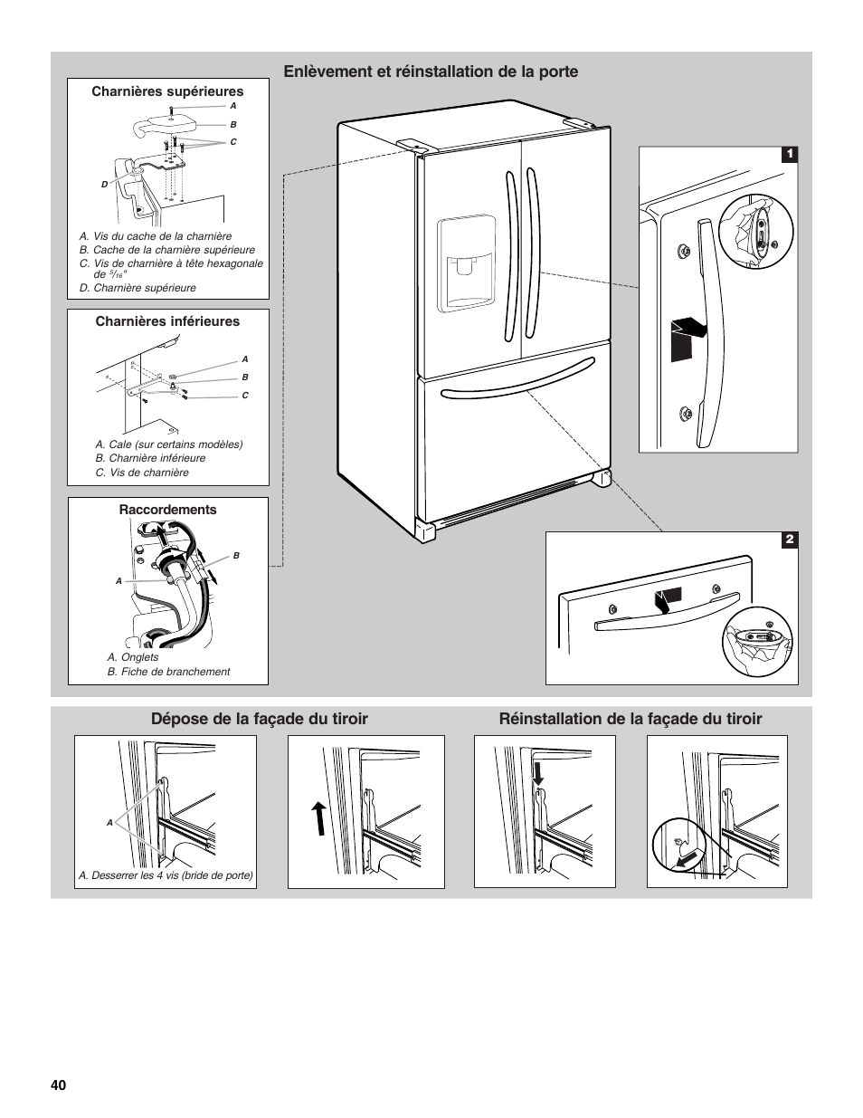 Enlèvement et réinstallation de la porte, Dépose de la façade du tiroir, Réinstallation de la façade du tiroir | Whirlpool 12828188A User Manual | Page 40 / 51