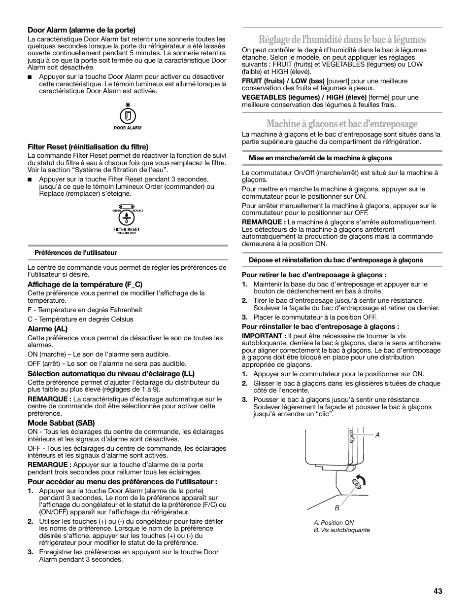 Réglage de l'humidité dans le bac à légumes, Machine à glaçons et bac d’entreposage | Whirlpool 12828188A User Manual | Page 43 / 51