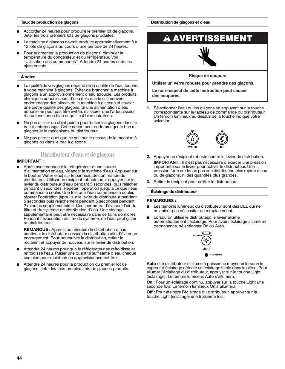 Avertissement, Distributeur d’eau et de glaçons | Whirlpool 12828188A User Manual | Page 44 / 51
