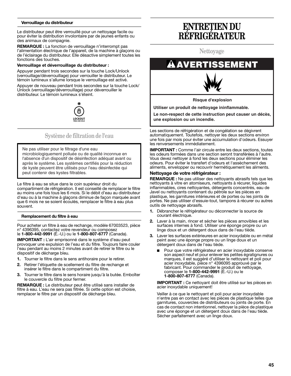 Entretien du réfrigérateur, Avertissement, Système de filtration de l'eau | Nettoyage | Whirlpool 12828188A User Manual | Page 45 / 51