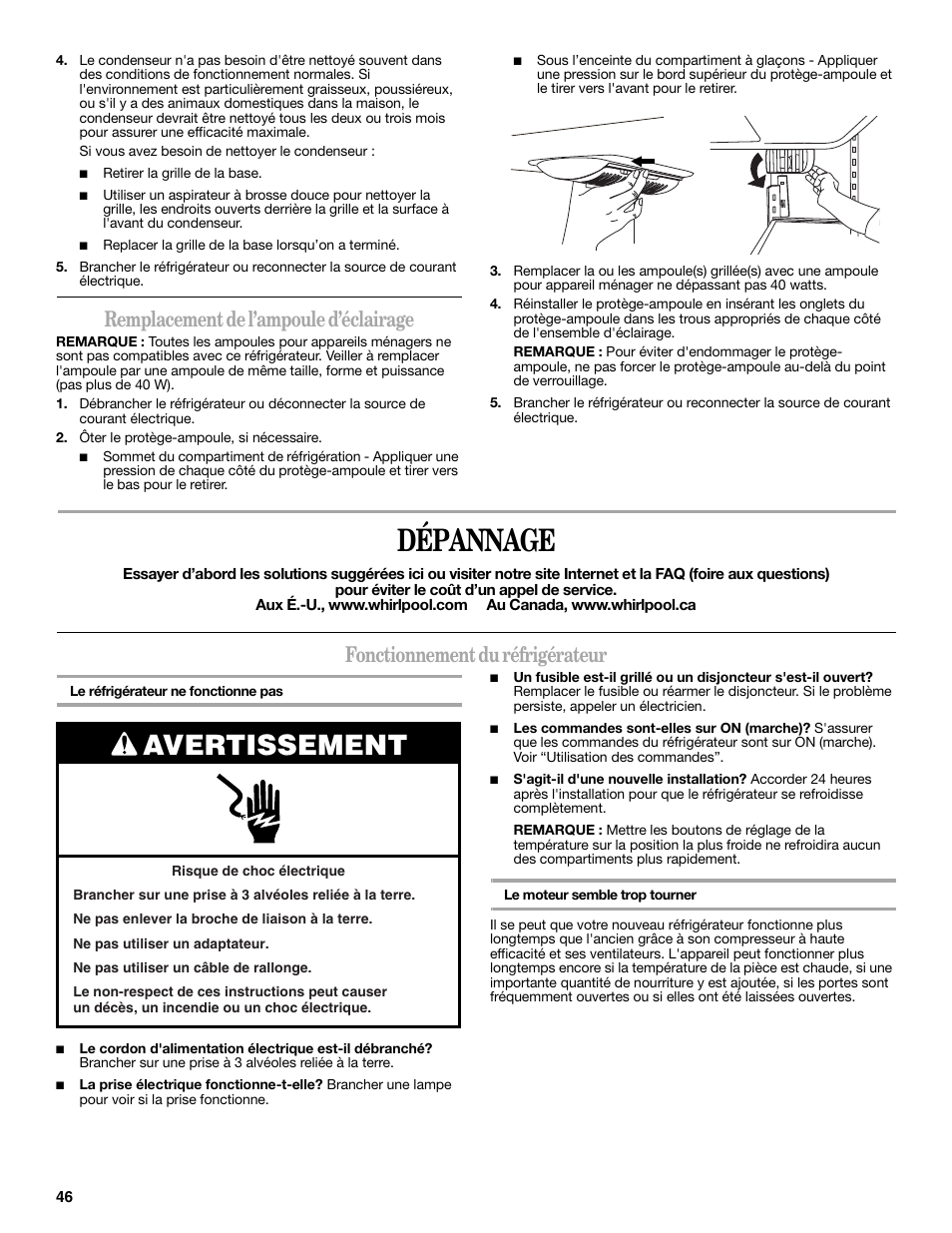 Dépannage, Avertissement, Remplacement de l’ampoule d’éclairage | Fonctionnement du réfrigérateur | Whirlpool 12828188A User Manual | Page 46 / 51