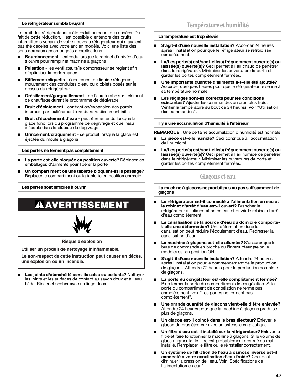 Avertissement, Température et humidité, Glaçons et eau | Whirlpool 12828188A User Manual | Page 47 / 51