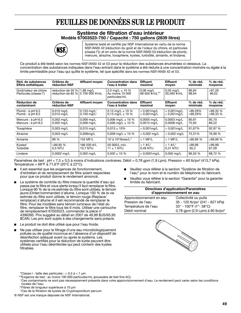 Feuilles de données sur le produit, Système de filtration d’eau intérieur | Whirlpool 12828188A User Manual | Page 49 / 51