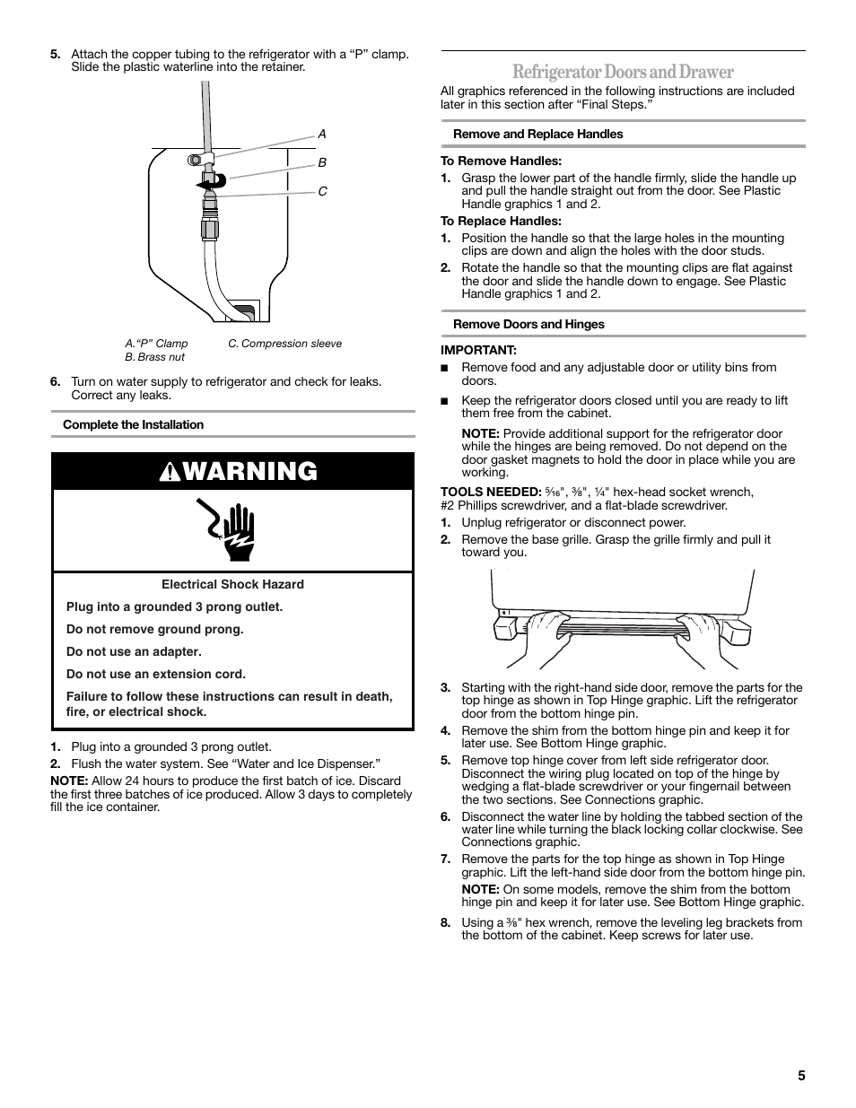Warning, Refrigerator doors and drawer | Whirlpool 12828188A User Manual | Page 5 / 51