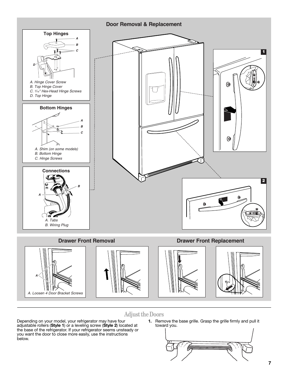 Adjust the doors, Drawer front removal | Whirlpool 12828188A User Manual | Page 7 / 51