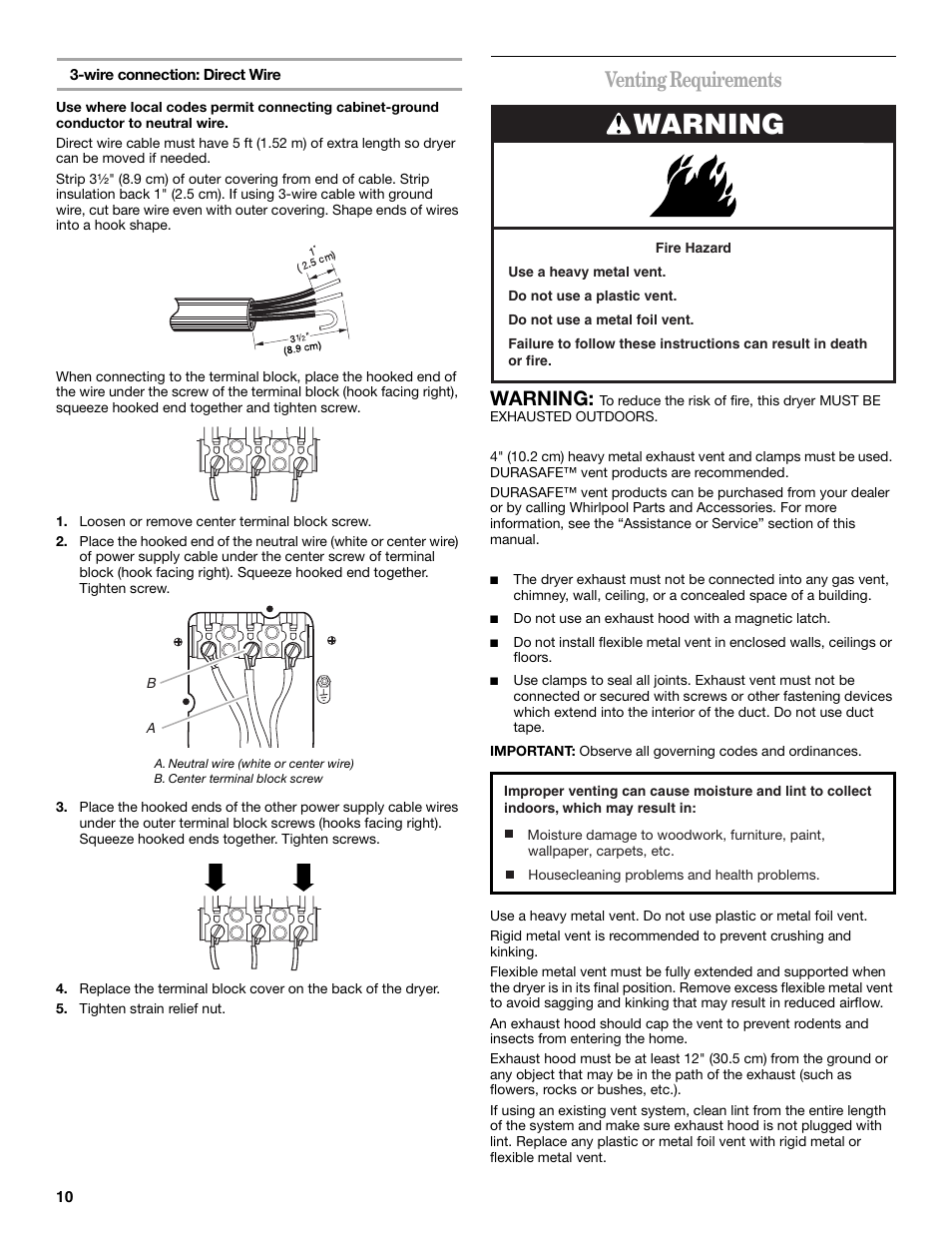 Venting requirements, Warning | Whirlpool 240-VOLT ELECTRIC DRYER User Manual | Page 10 / 20