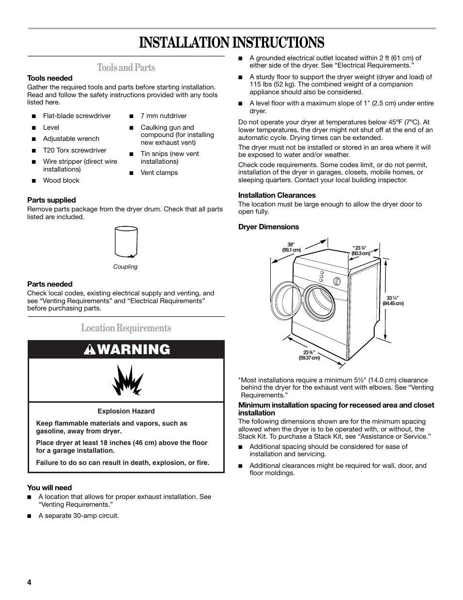 Installation instructions, Warning, Tools and parts | Location requirements | Whirlpool 240-VOLT ELECTRIC DRYER User Manual | Page 4 / 20