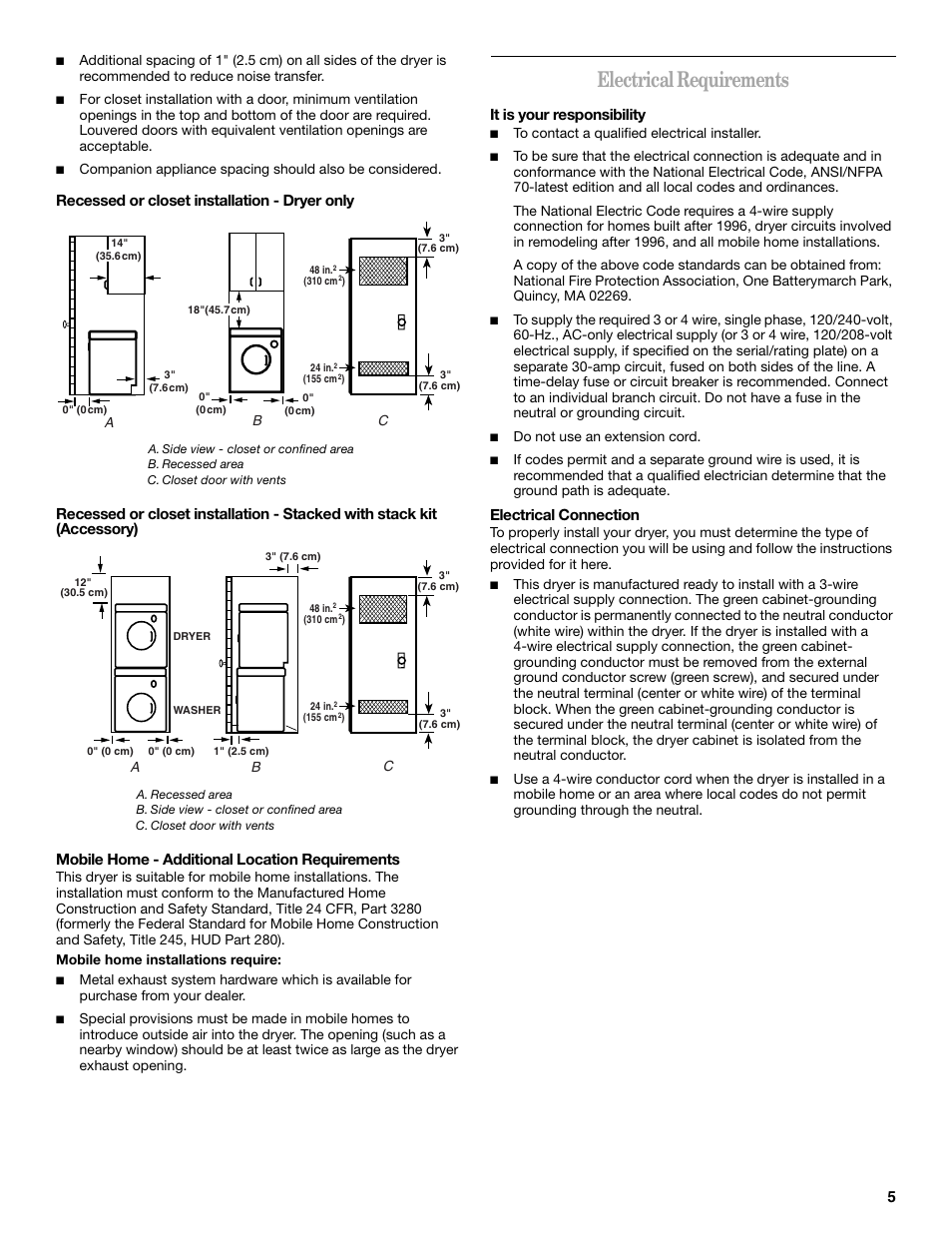Electrical requirements, It is your responsibility, Electrical connection | Whirlpool 240-VOLT ELECTRIC DRYER User Manual | Page 5 / 20