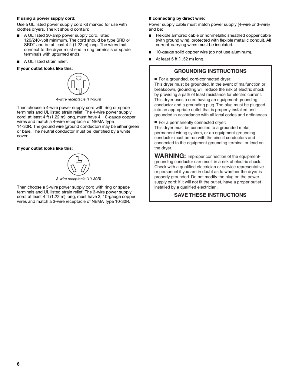 Warning, Grounding instructions save these instructions | Whirlpool 240-VOLT ELECTRIC DRYER User Manual | Page 6 / 20