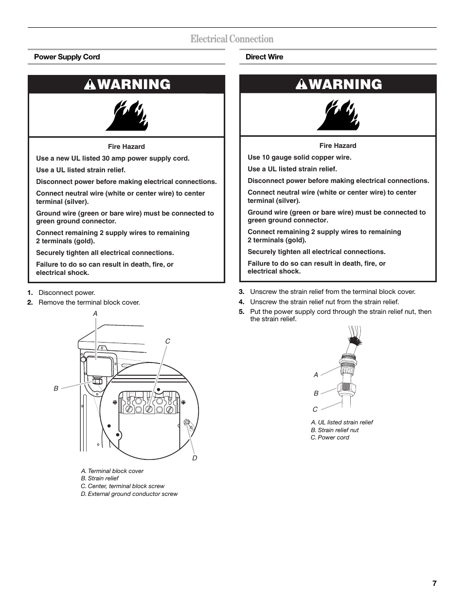 Warning, Electrical connection | Whirlpool 240-VOLT ELECTRIC DRYER User Manual | Page 7 / 20