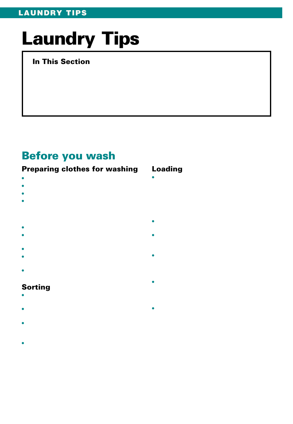 Laundry tips, Before you wash, Preparing clothes for washing | Sorting | Whirlpool Conservator CAWX629JQ1 User Manual | Page 12 / 55