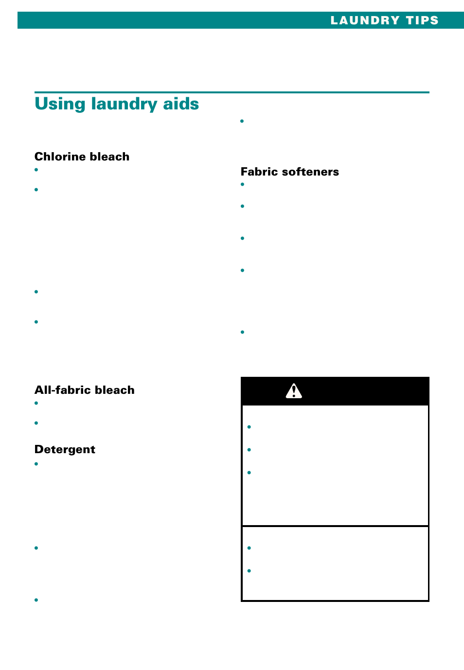 Using laundry aids, Warning, Chlorine bleach | All-fabric bleach, Detergent | Whirlpool Conservator CAWX629JQ1 User Manual | Page 17 / 55