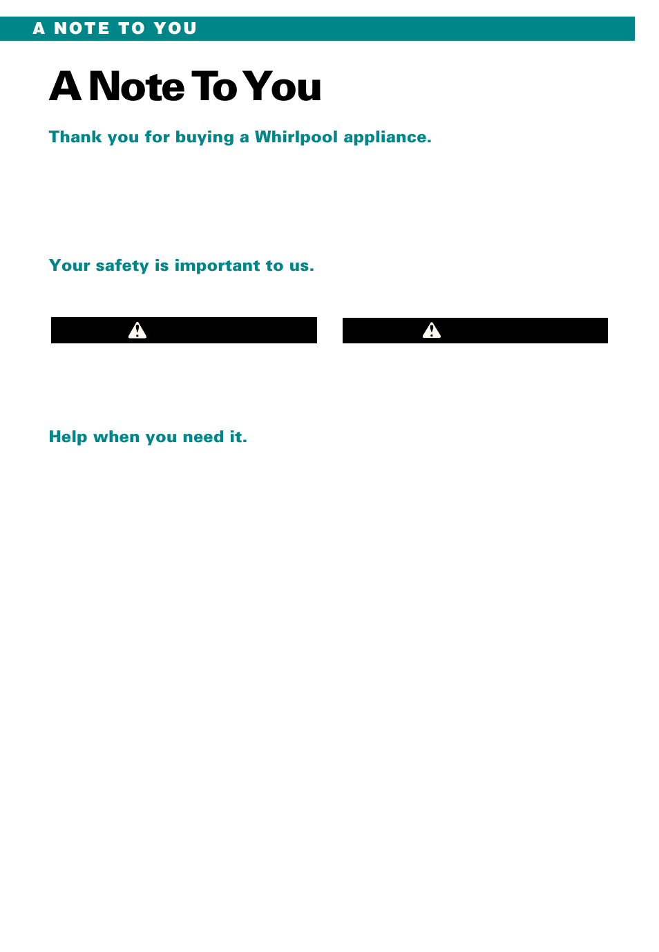A note to you, Warning | Whirlpool Conservator CAWX629JQ1 User Manual | Page 2 / 55