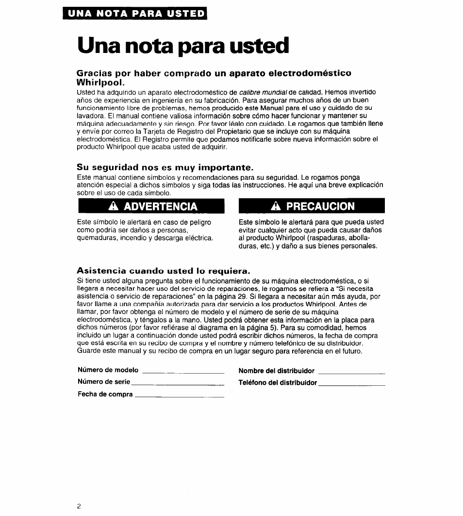 Una nota para usted | Whirlpool Conservator CAWX629JQ1 User Manual | Page 26 / 55