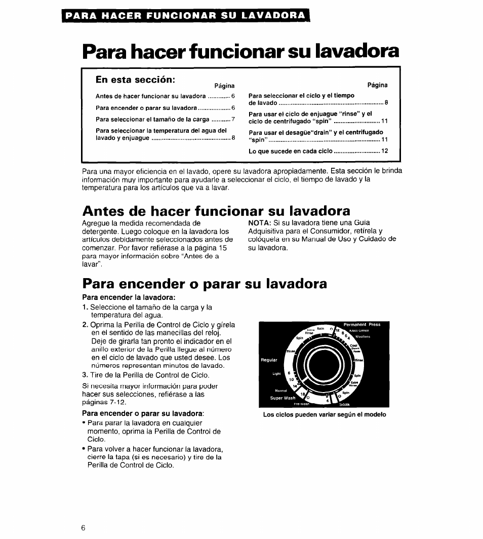 Para hacer funcionar su lavadora, Antes de hacer funcionar su lavadora, Para encender o parar su lavadora | Whirlpool Conservator CAWX629JQ1 User Manual | Page 30 / 55