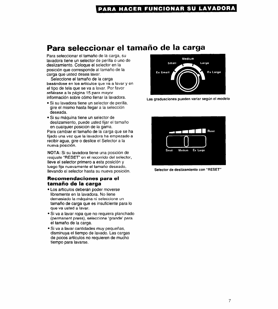 Para seleccionar el tamano de la carga | Whirlpool Conservator CAWX629JQ1 User Manual | Page 31 / 55